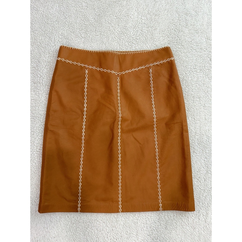 GAP 100% Genuine Leather Mini Skirt Size 8 Brown A-Line Western Y2K NWT - Picture 2 of 7